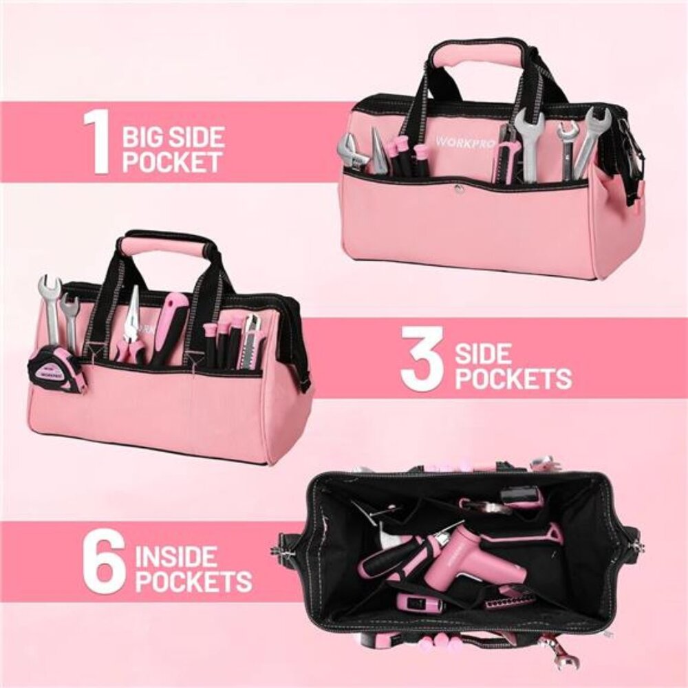 13-Inch Tool Bag, Pink Soft Cloth Tool Storage Bags, Wide Mouth Tool
